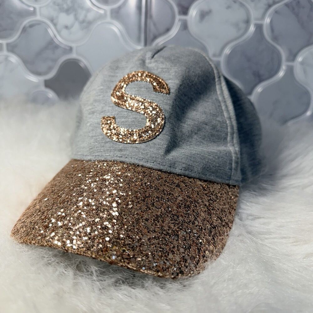 JUSTICE S WOMENS ADJUSTABLE STRAPBACK BASEBALL HAT/CAP GRAY/GOLD SPARKLE/GLITTER